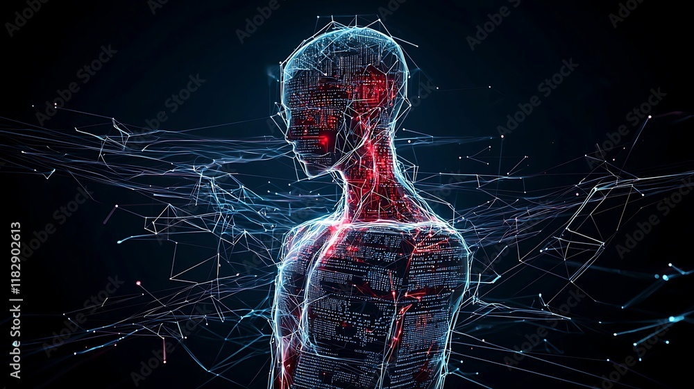 Aufkleber digital representation of a human figure surrounded by glowing data streams against a dark backgroun