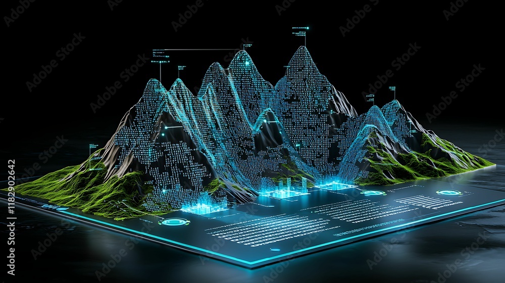 Poster a futuristic 3d representation of mountains with glowing elements and digital overlays, emphasizing 