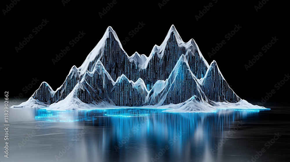 Poster digital mountain landscape with illuminated peaks and a reflective surface, blending nature and tech