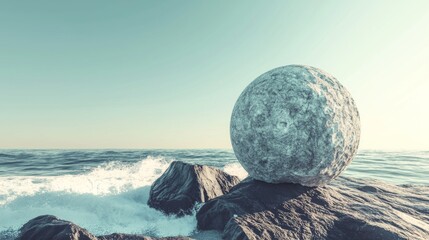 Large Stone Sphere Balanced on Rocky Shore with Ocean Waves and Soft Sky Background