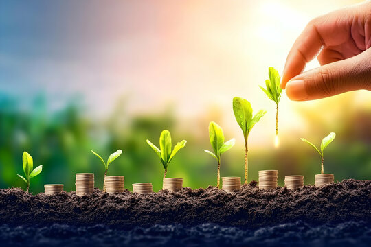 Hand plants a growing plant on coins stacked on fertile soil with a blurred natural background.