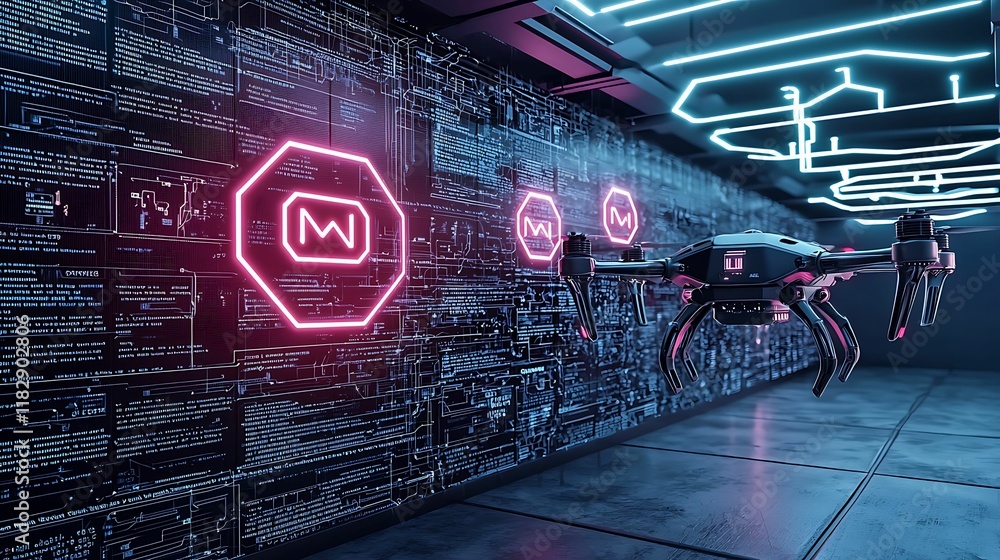 Poster futuristic drone in a neon-lit environment with digital patterns on the wall, showcasing advanced te