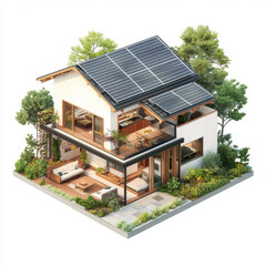 Modern eco friendly house with solar panels and lush greenery