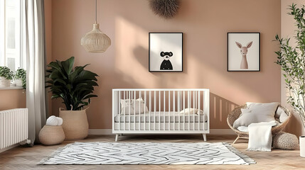 Modern Baby Room Interior Design Showcases a White Crib, Cozy Chair, and Playful Animal Prints.