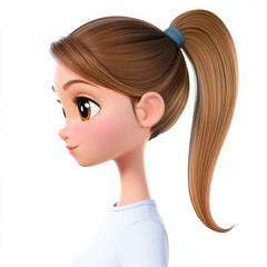 cute animated girl with long brown hair in ponytail, wearing light blue shirt. Her expressive eyes and gentle smile convey sense of joy and friendliness