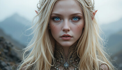 Beautiful Pleiadian, Nordic Extraterrestrial Humanoid Alien with blonde hair and blue eyes. Made by Generative AI