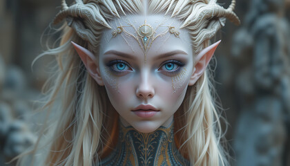 Beautiful Pleiadian, Nordic Extraterrestrial Humanoid Alien with blonde hair and blue eyes. Made by Generative AI