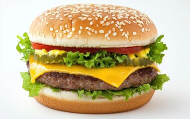 Flying burger with layers of lettuce, cheese, and patty suspended in mid-air against a white background