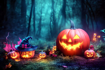 Fototapeta premium Glowing Jack-o'-lanterns Illuminate a Spooky Forest Floor on a Mystical Night