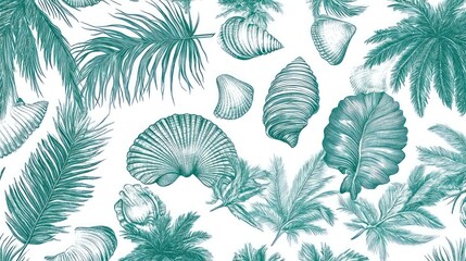 Teal tropical leaves and seashells pattern.