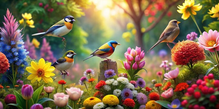 Find 5 Differences: Birds & Blooms in a Serene Garden -  A Spot the Difference Stock Image