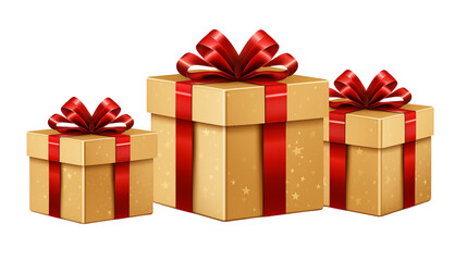 Three Gold Gift Boxes with Red Bows: Perfect for Holiday or Festive Designs transparency background