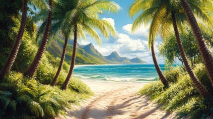 Obraz premium Tropical beach paradise scene with palm trees, sandy path, and ocean view.