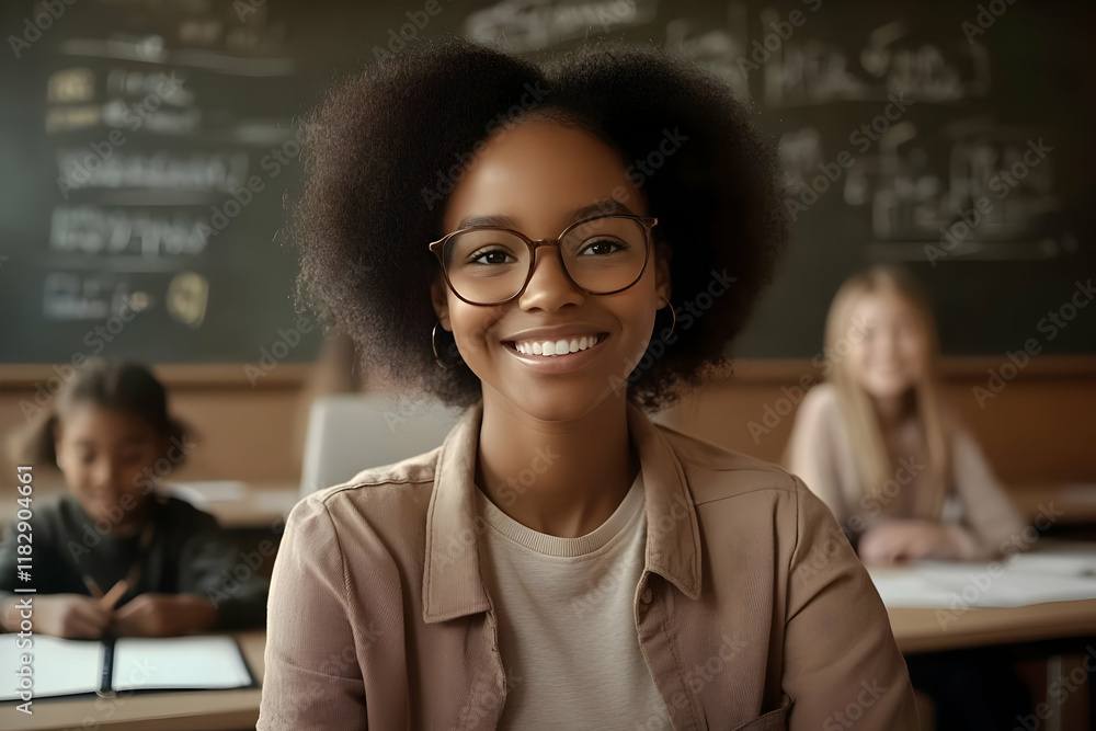 Aufkleber smiling student poses in classroom, confident and ready to learn