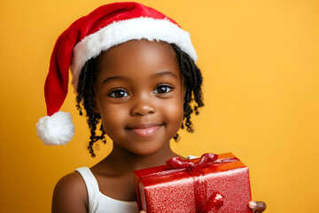 Smiling Child Holds Red Gift Box, Wearing Festive Hat on Yellow Background with Joyful Expression