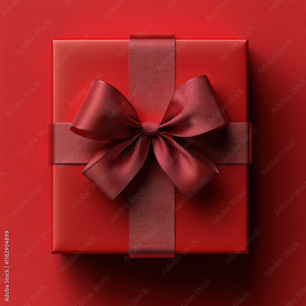 Poster red gift box with satin bow top view 3d render minimalist elegant design on red background