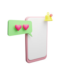 3d illustration, phone and icon love notification