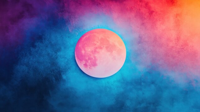 Pink full moon in vibrant, colorful clouds.