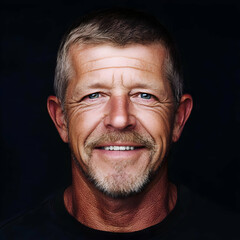 Portrait of a Smiling Mature Man with Gray Hair and Beard Against a Dark Backdrop
