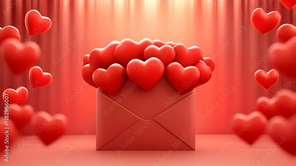 Poster 3D Red Hearts Overflowing from an Envelope on a Red Background with Soft Lighting