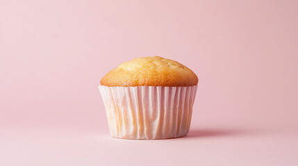 single plain cupcake with delicate paper wrap, set against soft pink background, evokes sense of sweetness and simplicity