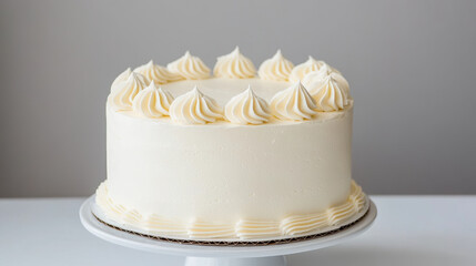Classic white cake with glossy buttercream frosting, elegantly decorated. Perfect for celebrations and special occasions