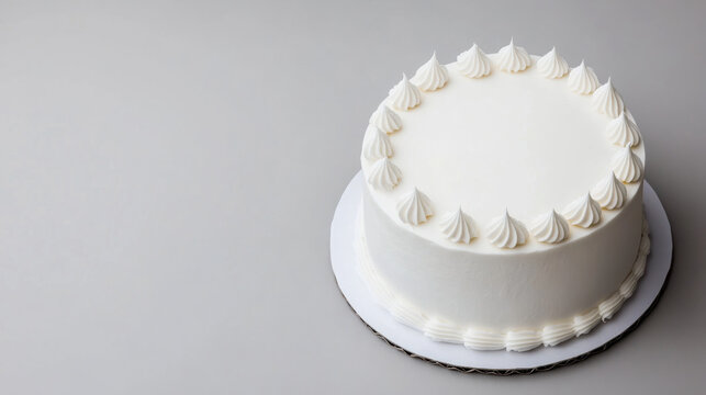 plain white birthday cake with elegant frosting swirls on top, perfect for celebrations