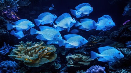 School of vibrant blue fish swimming near coral reef in dark blue water.