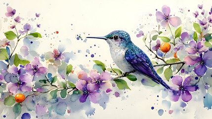 Hummingbird Perches on Blooming Branch with Purple Flowers and Orange Berries in Watercolor
