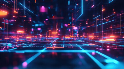 Abstract Digital Cyberspace: Neon Grid Network