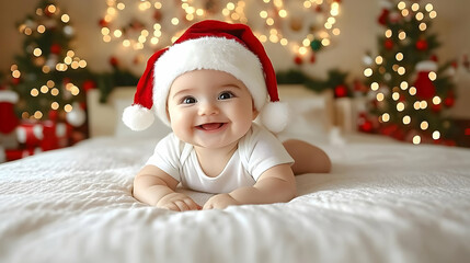 Smiling Baby Wearing Festive Hat Lies on Bed with Decorated Christmas Trees in Background