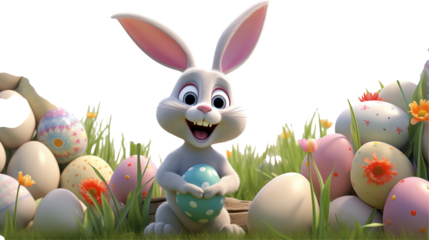 Adorable Easter Bunny with Colorful Eggs: Perfect for Spring and Easter Celebrations transparency background