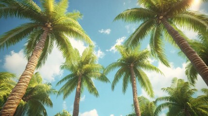 Fototapeta premium Low angle view of palm trees against a bright blue sky.