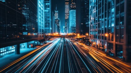 Night cityscape with light trails on a city street.