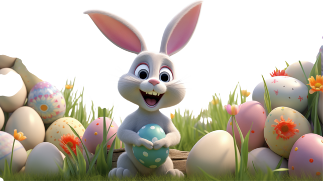 Adorable Easter Bunny with Colorful Eggs: Perfect for Spring and Easter Celebrations transparency background