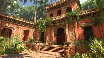 Fototapeta premium Ancient architectural structure surrounded by lush greenery in a tropical setting with detailed carvings and vibrant colors
