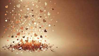 Tiny glitter hearts floating like confetti on a warm beige background, glowing softly with copy space