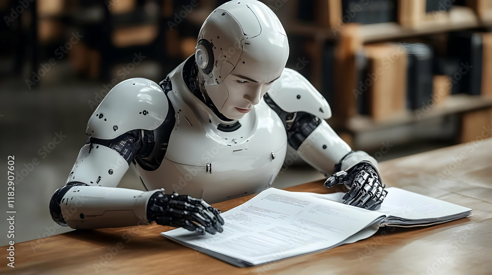 Poster white robot sits and reads a book carefully in the library, focused on learning