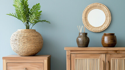 stylish interior featuring deep turquoise wall, woven basket planter with green plant, and wooden furniture with decorative vases. serene atmosphere invites relaxation