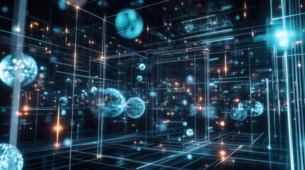 Naklejka premium Abstract Digital Network: A Visualization of interconnected data spheres and lines in a virtual 3D space, representing the complexity and vastness of digital information.
