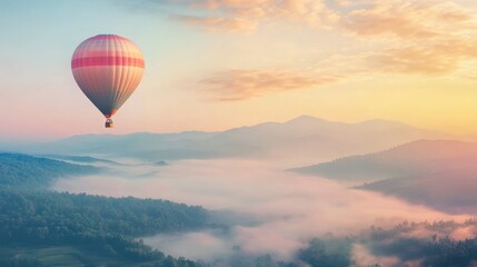 Fototapeta premium Hot Air Balloon Soaring Above Misty Mountains at Sunrise