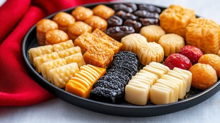 Assorted Colorful Sweets and Treats on Black Plate with Red Cloth