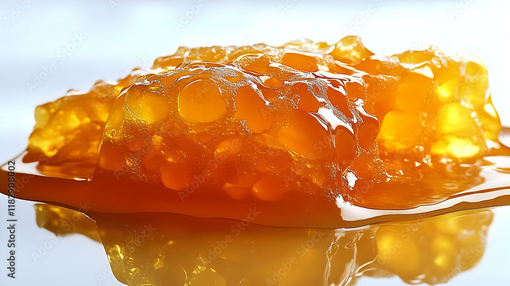 Poster close-up of amber honey dripping and reflecting on a white surface smoothly