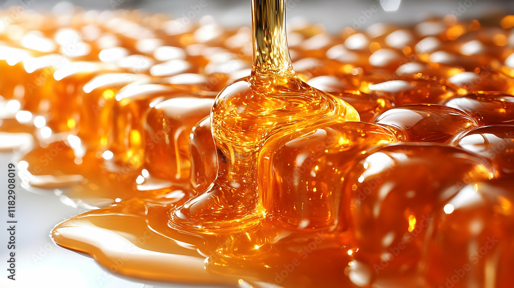 Poster golden honey flows smoothly over honeycomb, creating a viscous and sweet delight.