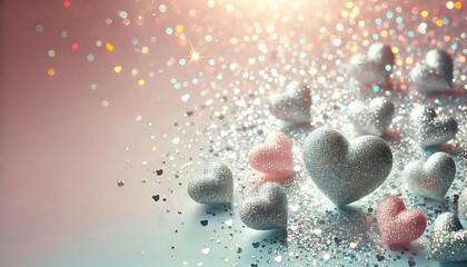 Fototapeta premium Silver glitter hearts glowing against a soft pastel gradient background, creating a dreamy scene with space for text. Generative AI