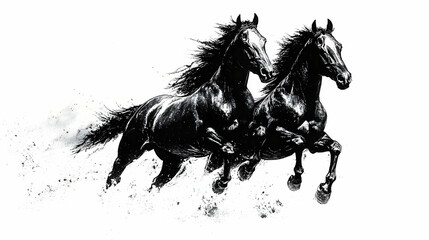 Two Black Horses Gallop with Flowing Manes on a White Background, an Energetic Equine Illustration