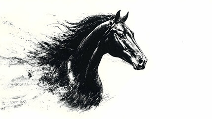 Black Horse with Flowing Mane Illustration in Dynamic Pose Against a White Background