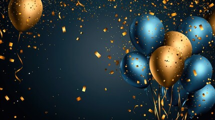 Fototapeta premium Elegant Celebration: Blue and Gold Balloons with Confetti