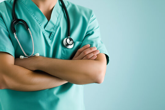 Close-up of a medical doctor wearing green scrubs with a stethoscope hanging around their neck, arms crossed in front.