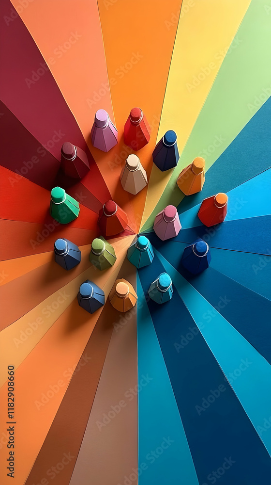 Poster colorful conical objects arranged on a vibrant radial background design